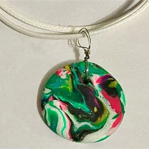 Green Pink Black Green White Handmade Clay Pendant Necklace Reversible